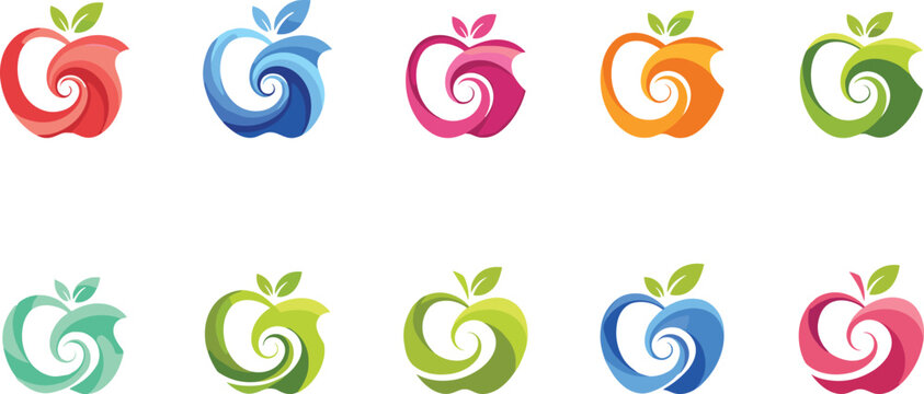 Set of vibrant abstract apple logos with organic spiral designs and leaf elements for healthy food and eco-friendly branding