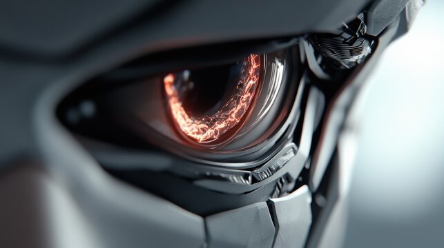 Extreme close-up of a glowing robotic eye with orange digital iris. Futuristic artificial intelligence vision concept