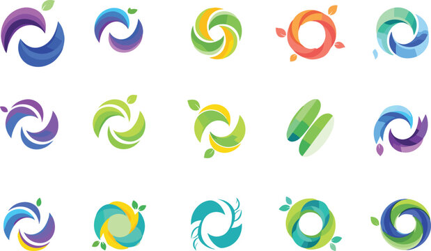 Large collection of vibrant abstract circular logos and organic swirl icons with leaf elements for modern corporate branding and eco-friendly identity
