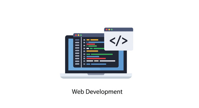 web development laptop with code editor and html icon