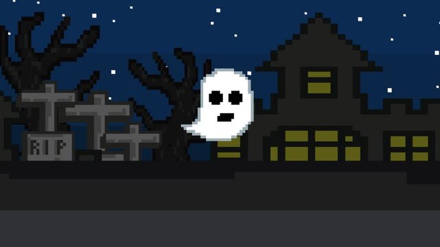 Pixel art animation of a scene with A ghost passing over a cemetery, art, vintage, pixel, Halloween.