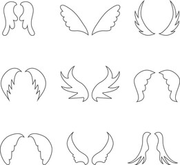 Fototapeta premium Vector set of nine hand drawn wing icons in minimalist line art style for graphics