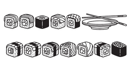 Sushi rolls, Japanese food, vector icons, black and white illustrations, 13 sushi pieces © Rosie