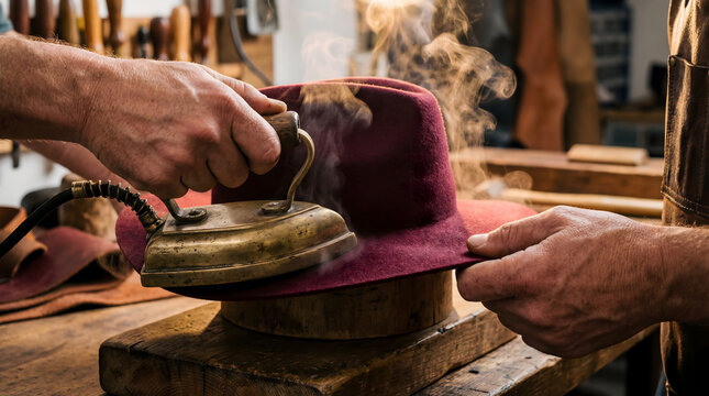 Hatter steaming and smoothing burgundy felt fedora brim with vintage brass iron in artisan workshop