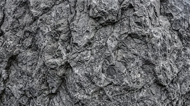 Detailed view of a natural, rugged grey rock surface with intricate weathered textures, cracks, and shadowy patterns