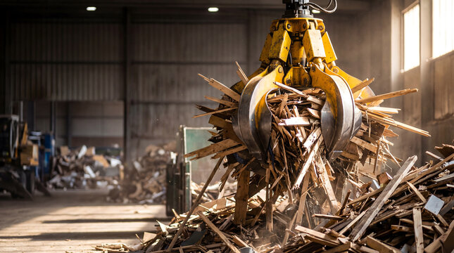 Hydraulic grapple claw lifting wood scraps inside industrial recycling facility warehouse