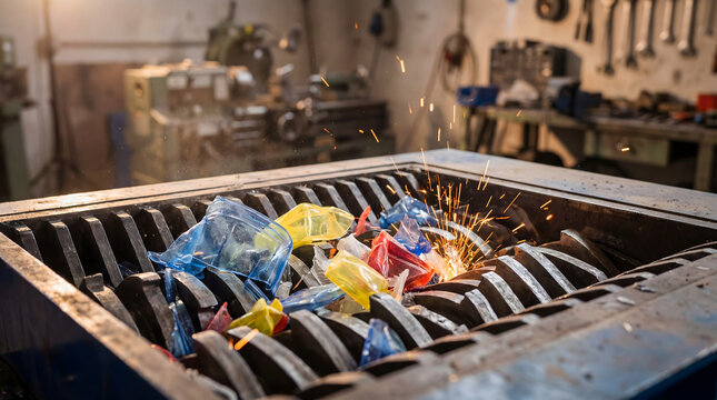 Industrial shredder machine crushing colorful plastic waste with sparks flying in workshop