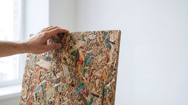 Hand holding recycled chipboard panel made from colorful wood waste against white wall