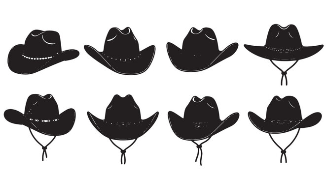 Black cowboy hats, western wear, hat silhouettes, vector icons, 8 cowboy hats