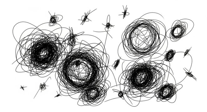 Abstract Artistic Black Ink Scribbles and Circular Shapes.