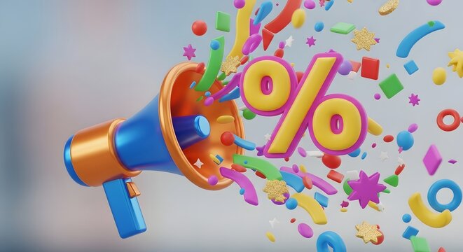 Exciting Announcement! Megaphone blasting with confetti and percentage sign, symbolizing a special offer or sale