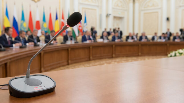 Conference table with microphone and international flags in background  