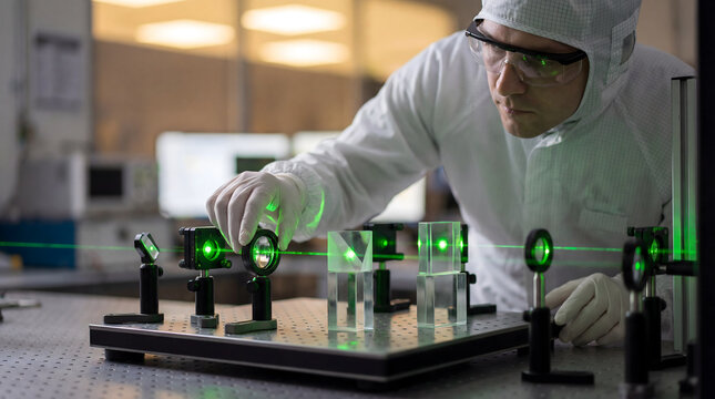 Scientist in cleanroom suit conducting green laser optics experiment with prisms and lenses in lab
