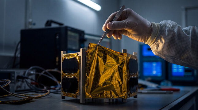 Engineer in cleanroom assembling cubesat satellite wrapped in gold thermal foil insulation