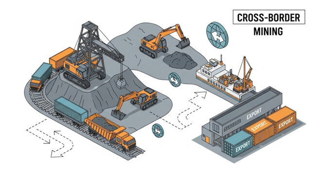 Isometric Cross-Border Mining Facility with Equipment and Infrastructure.