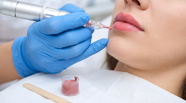 Cosmetologist applying permanent lip blush pigment with tattoo machine in beauty salon