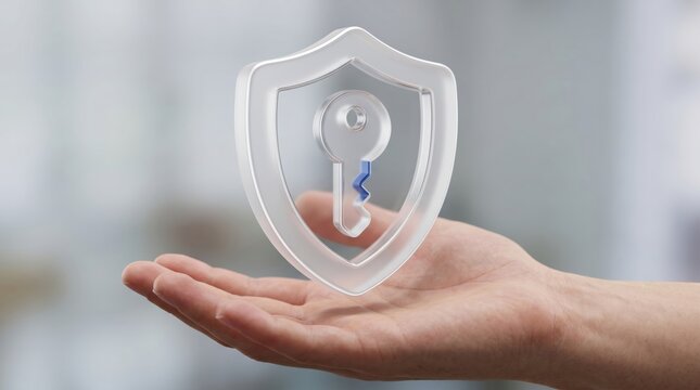 Hand Holding Glass Security Shield with Key Icon Floating in Blurred Office Background 3d render