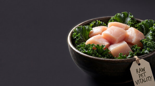 Raw chicken cubes and fresh kale in ceramic bowl with raw pet vitality tag on dark background