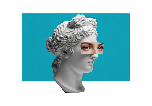 white plaster greek muse bust featuring intensely gazing caucasian eyes superimposed as a surreal collage, matte texture, profile view, isolated on vibrant cyan background. concept of identity