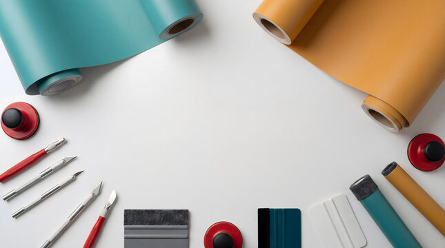 Vinyl wrap tools and colorful vinyl rolls flat lay on white background with copy space center