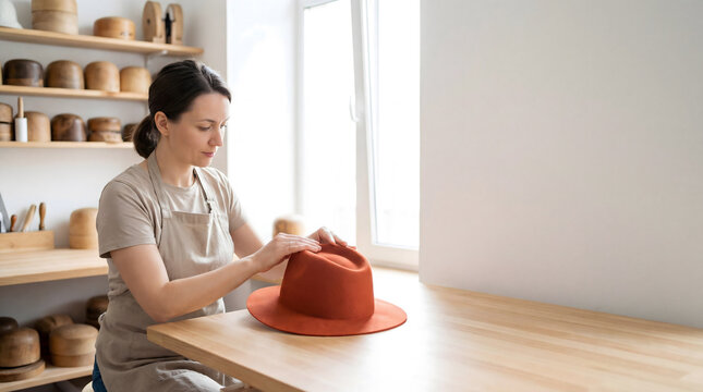Female milliner shaping orange felt fedora hat in artisan workshop studio with wooden hat blocks
