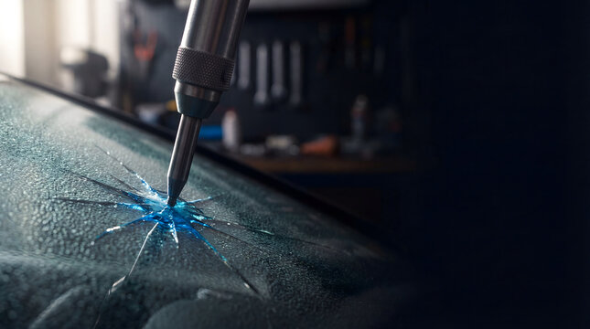 Windshield repair tool injecting blue resin into cracked auto glass in workshop