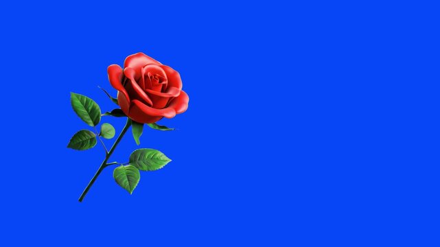 A classic red rose with a green stem and leaves positioned on the left side of a blue background. Elegant floral stock image for romance, love, and luxury-themed designs with copy space.