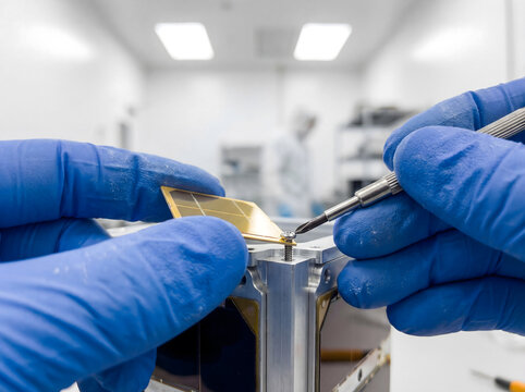 Technician hands in blue gloves installing solar panel on cubesat satellite in cleanroom laboratory