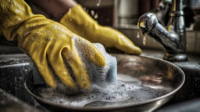 Yellow-gloved hands cleaning sides of frying pan with sponge under running water.
