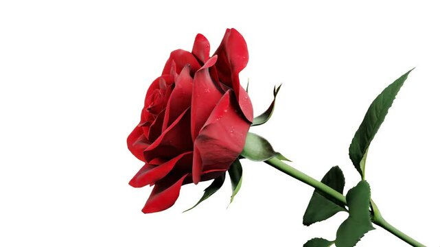 A close-up studio shot of a deep red rose with green stem and leaves. Elegant floral element isolated on a clean white background for wedding, romance, and Valentine's Day designs.