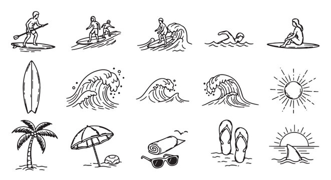 Beach icons, surfing symbols, summer vacation graphics, 15 black and white illustrations