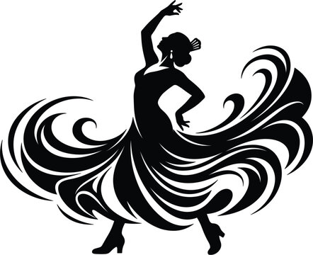 Elegant Spanish Flamenco Dancer Silhouette Vector Illustration with Flowing Ruffled Dress for Latin Dance Performances, Cultural Festival Posters, and Traditional Gypsy Art Designs