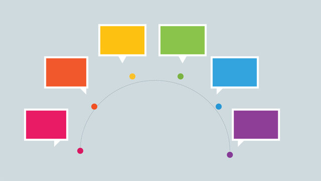 Infographic semi-circle timeline with 6 colorful speech bubbles, business process diagram vector, curved flow chart with text boxes for presentation