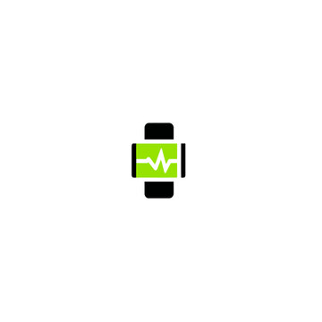 Black and green minimalist depiction of a smartwatch with a green pulse waveform on screen