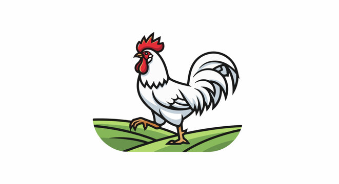 Stylized white rooster with red comb and wattle on green hills