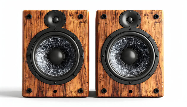 Pair of elegant wooden bookshelf speakers with visible woofers and tweeters on a white background, showcasing advanced audio technology and superior sound reproduction
