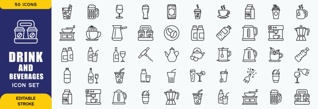 Drink and beverages Icon set. Contain icons related to various foods and drinks. Editable stroke. Vector illustration