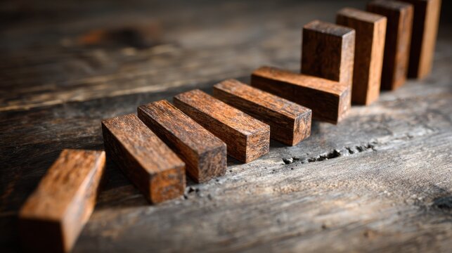 Domino Effect: Wooden dominoes arranged on a rustic, weathered surface, illustrating the chain reaction and consequences of choices.