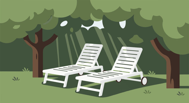 Two white lounge chairs under shady trees on a sunny day