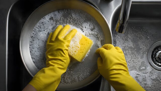 Ultra‑realistic wide‑angle close‑up of hands turning a ceramic plate to expose all sides to the foamy sponge under running water in a modern kitchen sink, bright light