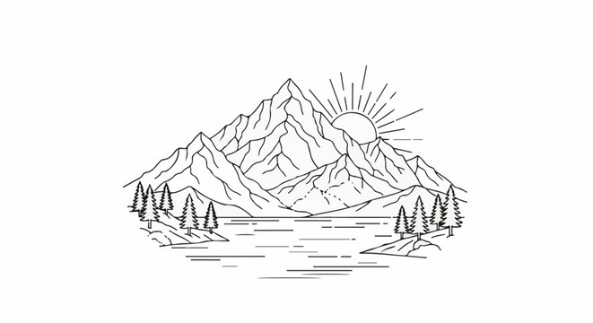 Stylized mountain landscape with a lake, sun, and trees