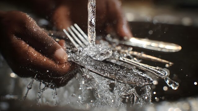 Landscape ultra‑realistic shot of hands rinsing stainless steel cutlery with a slight rotation to expose all sides to water, droplets and reflections, warm neutral