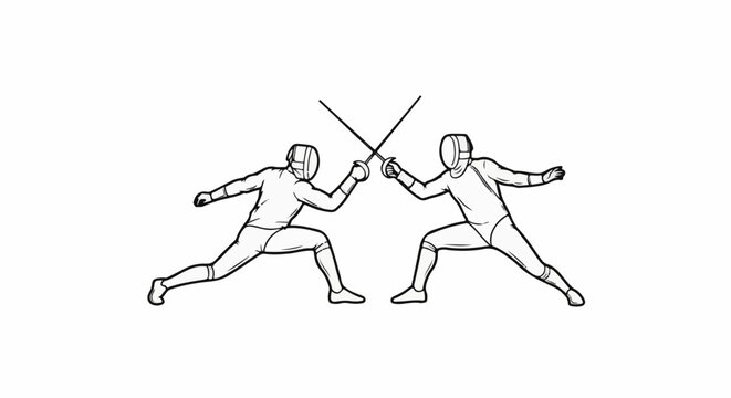 Two fencers in protective gear clash swords in a stylized illustration
