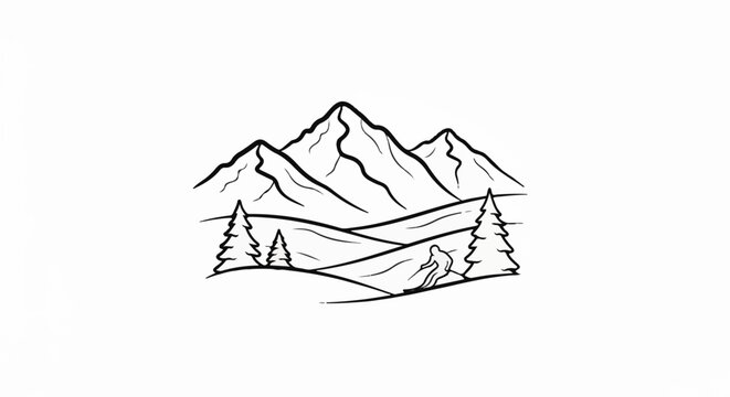 Stylized mountain range with pine trees and a skier descending