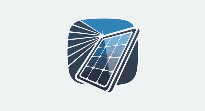 A stylized solar panel with radiating blue lines against a white background