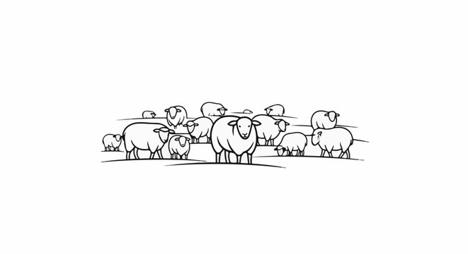 A simple line art illustration of many sheep standing in a flock