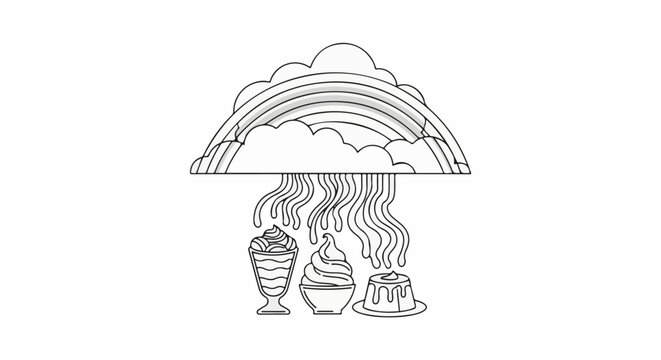 A whimsical outline of a rainbow cloud showering three different desserts