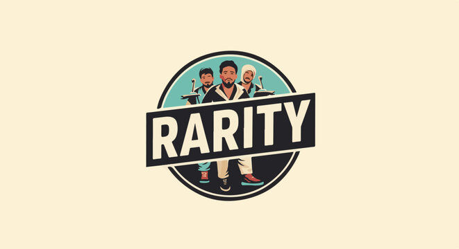 Three stylized figures stand behind a black banner with the word "RARITY" in cream