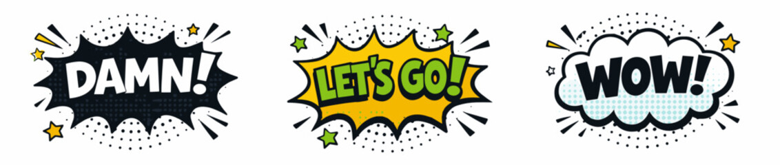 Fototapeta premium Comic pop art speech bubble sticker set with DAMN, LET'S GO, and WOW exclamations in dark, yellow-green, and white-teal burst shapes on white background.