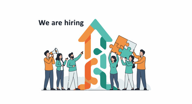 Team collaborates building abstract house graphic, one person uses megaphone